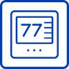 Blue line icon of a digital thermostat displaying the number 77 with menu bars and control buttons.