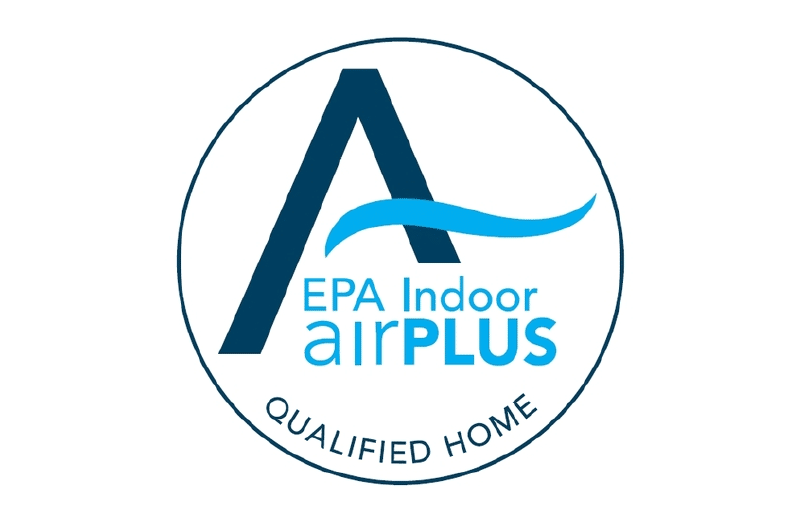 A large stylized blue A with a wave inside a circle, featuring text for EPA Indoor airPLUS Qualified Home.
