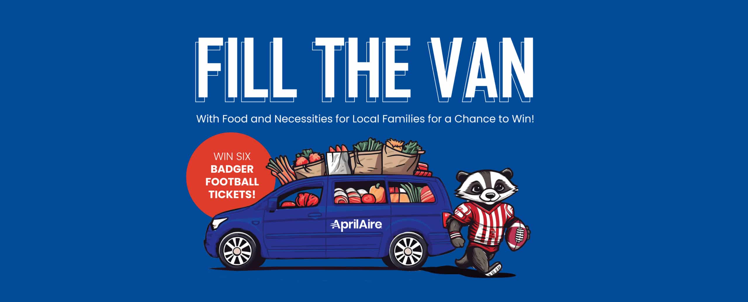Cartoon badger loading a van with groceries for a food drive to win six Badger football tickets.