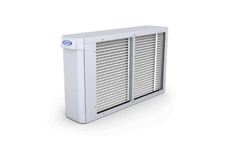AprilAire media air cleaner featuring a white cabinet and pleated high-efficiency MERV filters for HVAC systems.