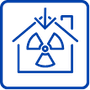 Blue line icon of a house containing a radiation symbol with a downward arrow pointing to the roof.