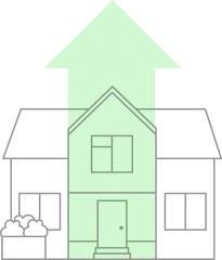 A line drawing of a suburban house with a large green upward-pointing arrow overlaying the center section.