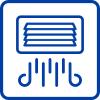 Blue line icon of an air vent with downward airflow lines representing fresh air circulation or ventilation.