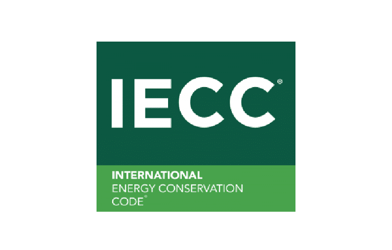 White IECC initials on a dark green square above a light green banner reading International Energy Conservation Code.