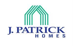A green geometric icon of five nested lines forming a house shape above the name J. PATRICK HOMES in navy blue.