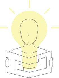 Minimalist line drawing of a person reading a book with their head and torso glowing inside a bright yellow lightbulb.