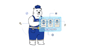 Polar bear mascot interacting with a digital interface to choose HVAC, plumbing, or electrical specialists.