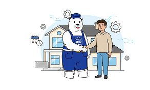 A polar bear technician shaking hands with a homeowner in front of a house, representing trusted home maintenance.