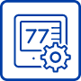 Blue line icon of a digital thermostat displaying 77 with a gear symbol representing settings or programming.