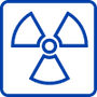 Blue outline of a trefoil radiation symbol inside a rounded square, representing radon gas or radioactive hazards.