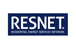 White RESNET text above Residential Energy Services Network inside a solid navy blue rectangular block.