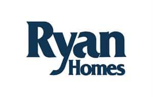 The name Ryan Homes written in a bold, navy blue serif font with a stylized flourishing tail on the letter y.