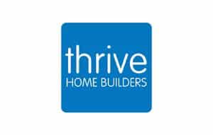 The word thrive in white lowercase letters above the words HOME BUILDERS inside a solid blue rounded square.