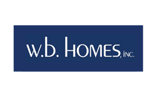 White elegant serif text reading w.b. HOMES, INC. centered inside a solid navy blue horizontal rectangle.