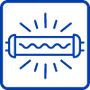 Blue line icon of a glowing ultraviolet lamp tube emitting light rays within a rounded square border.
