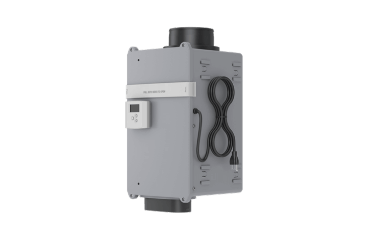 Gray wall-mounted ventilation unit with digital control panel and power cord for residential indoor air quality.
